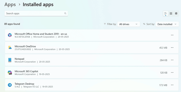 windows installed apps